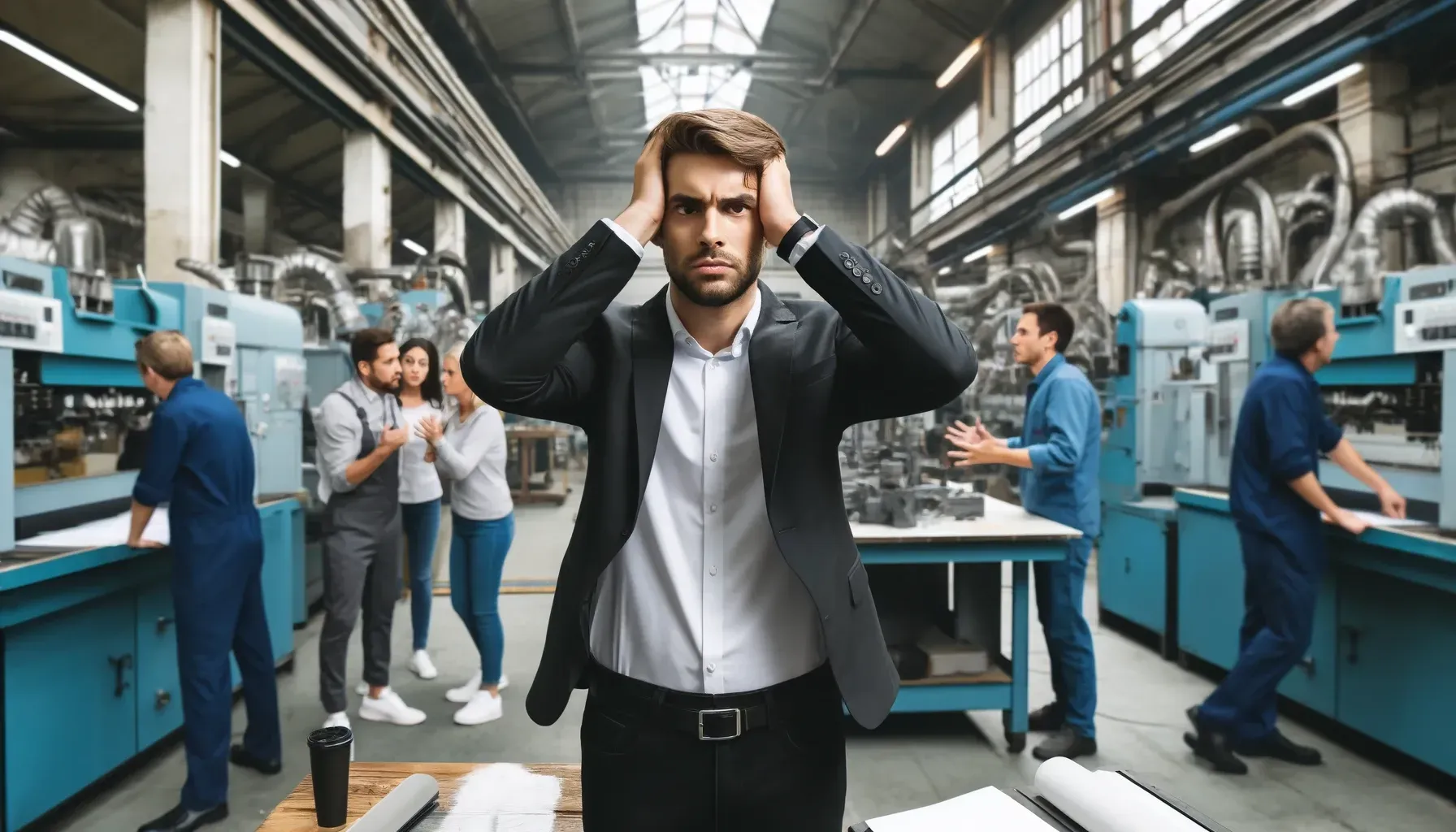 A man is standing in a factory with his hands on his head.