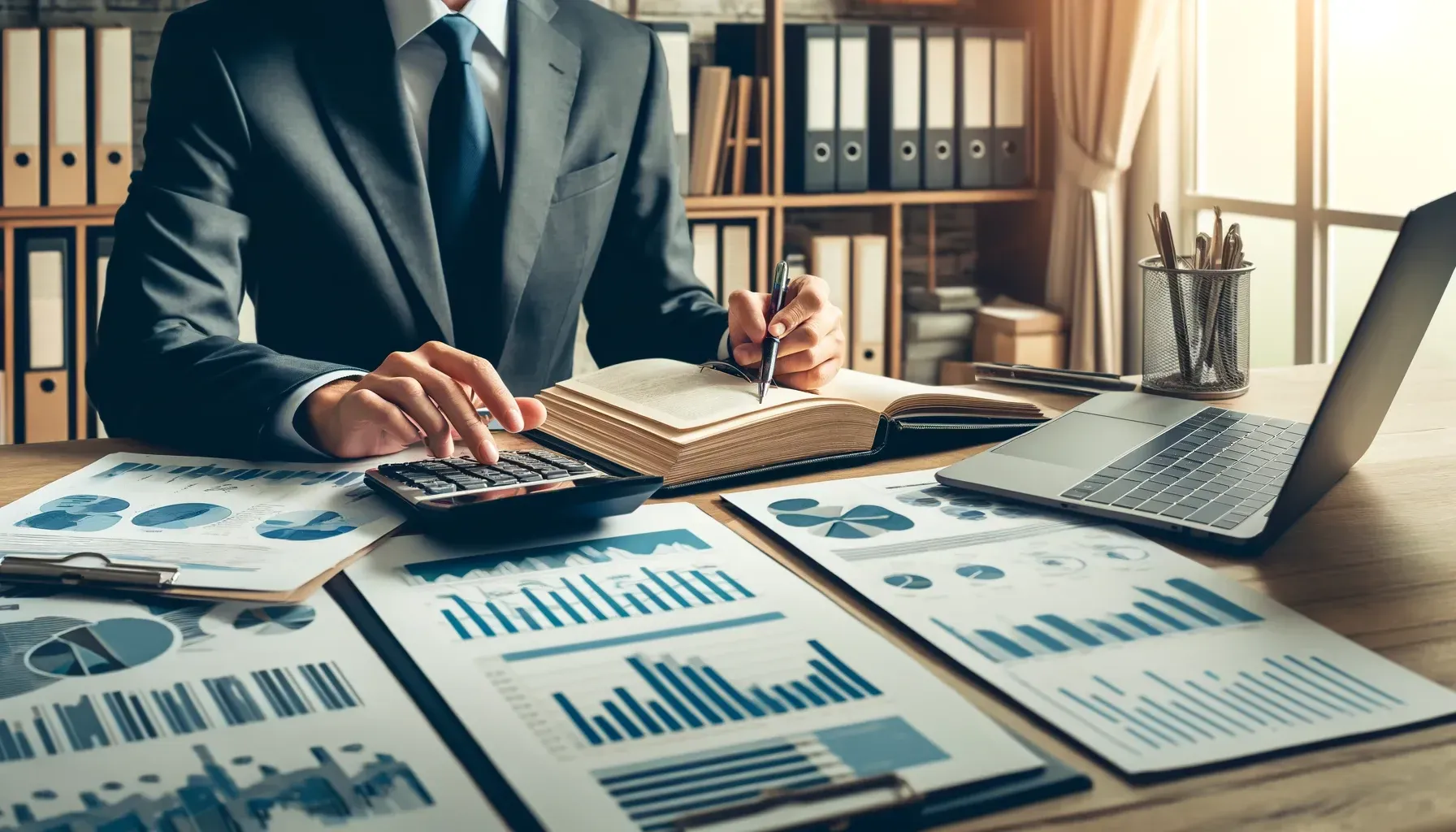 A man in a suit is sitting at a desk with a laptop and a calculator.