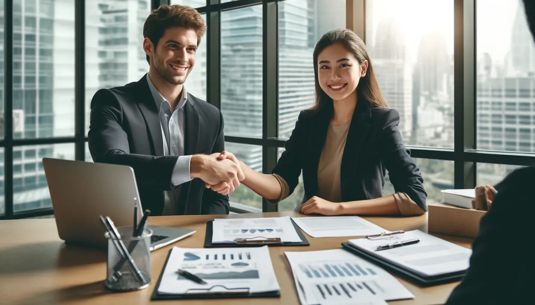 A man and a woman are shaking hands while sitting at a table.