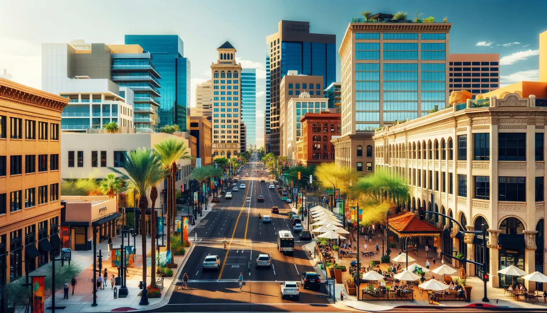 An aerial view of a city street with a lot of traffic and buildings.