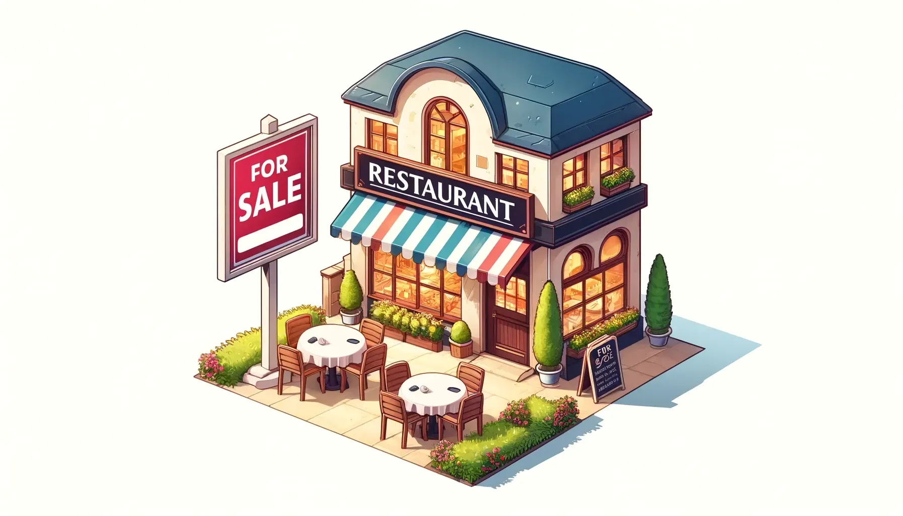 An isometric illustration of a restaurant for sale.