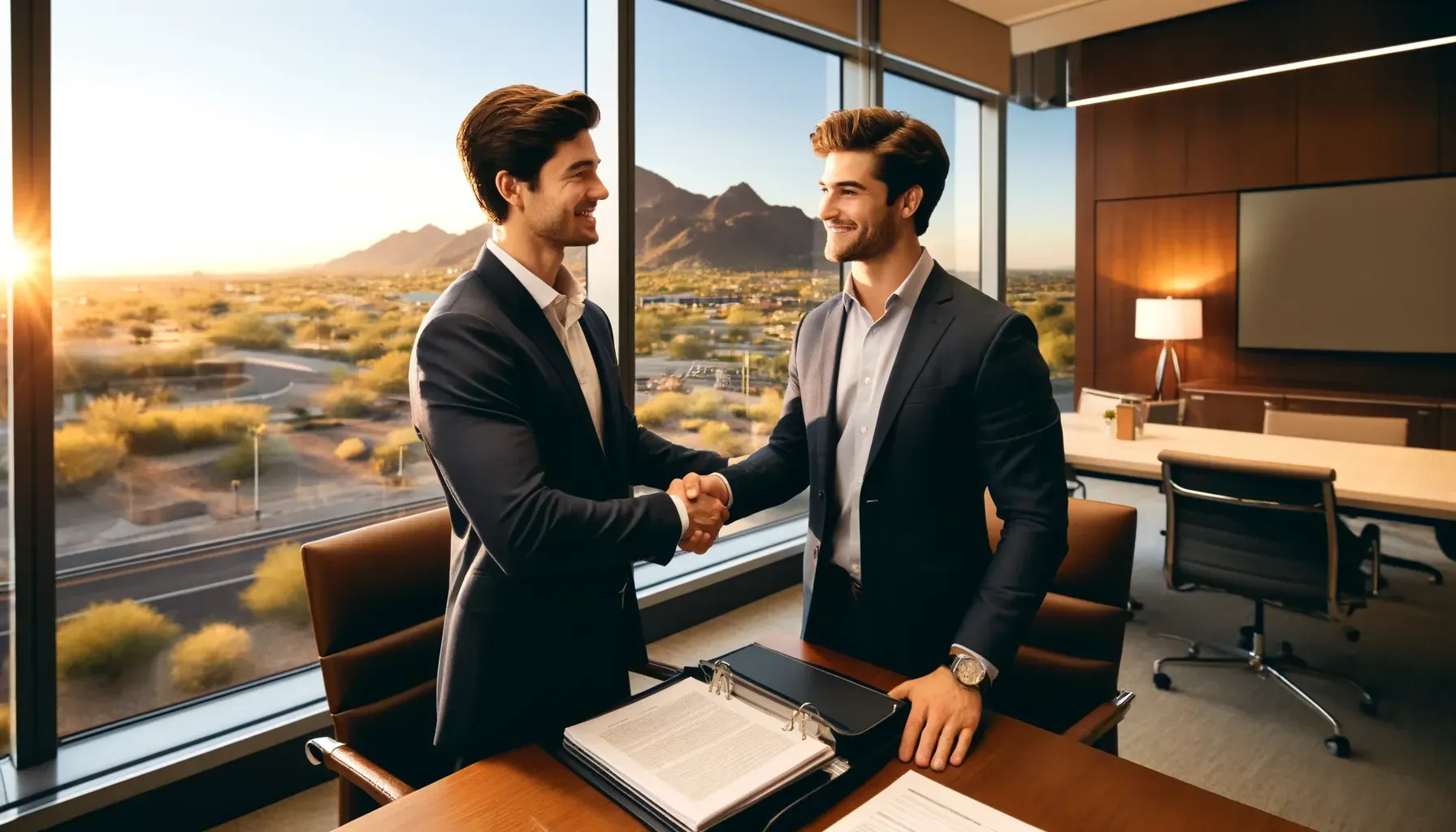 Two men in suits are shaking hands in a conference room.