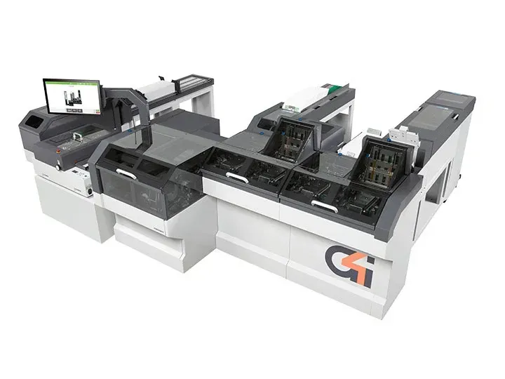 A cash register with a computer on top of it on a white background.
