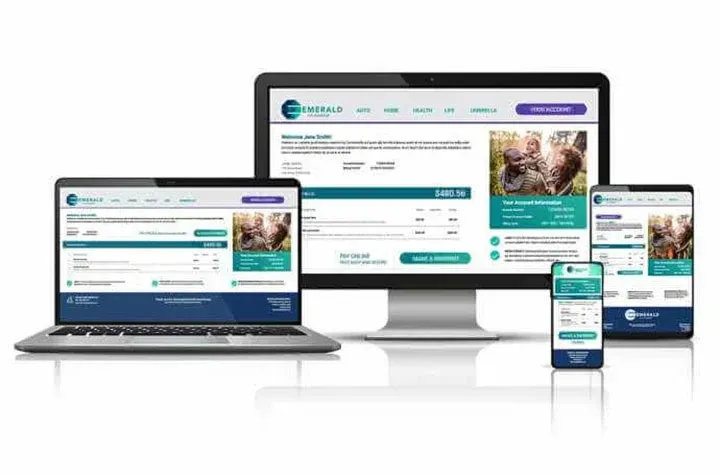 A computer , laptop , tablet and cell phone are displaying a website.