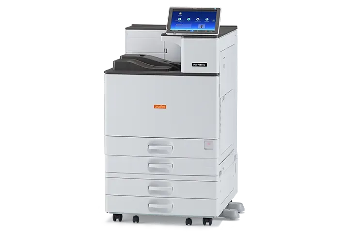 A large white printer with a tablet on top of it.