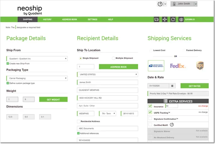 A screenshot of the neoship website showing the package details and recipient details.
