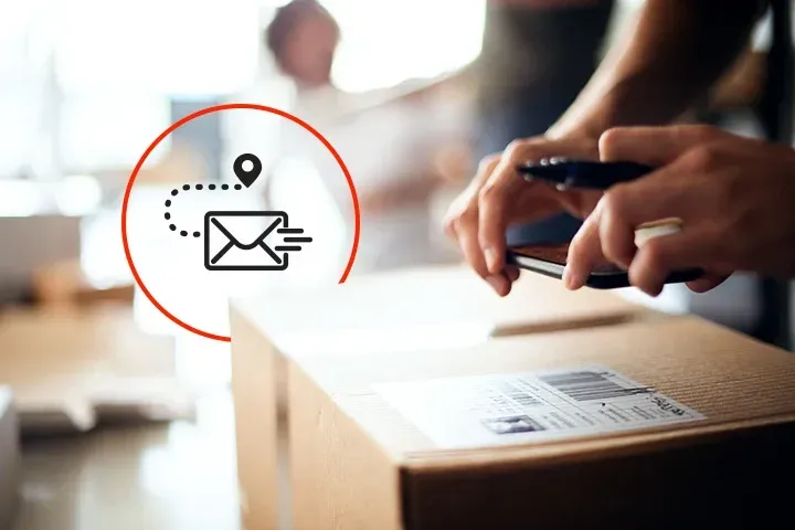 A person is holding a cell phone next to a cardboard box.