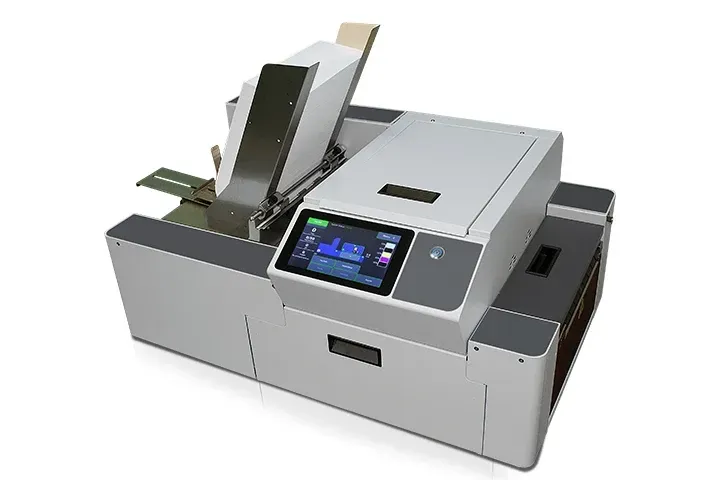 A white and gray machine with a touchscreen on a white background.
