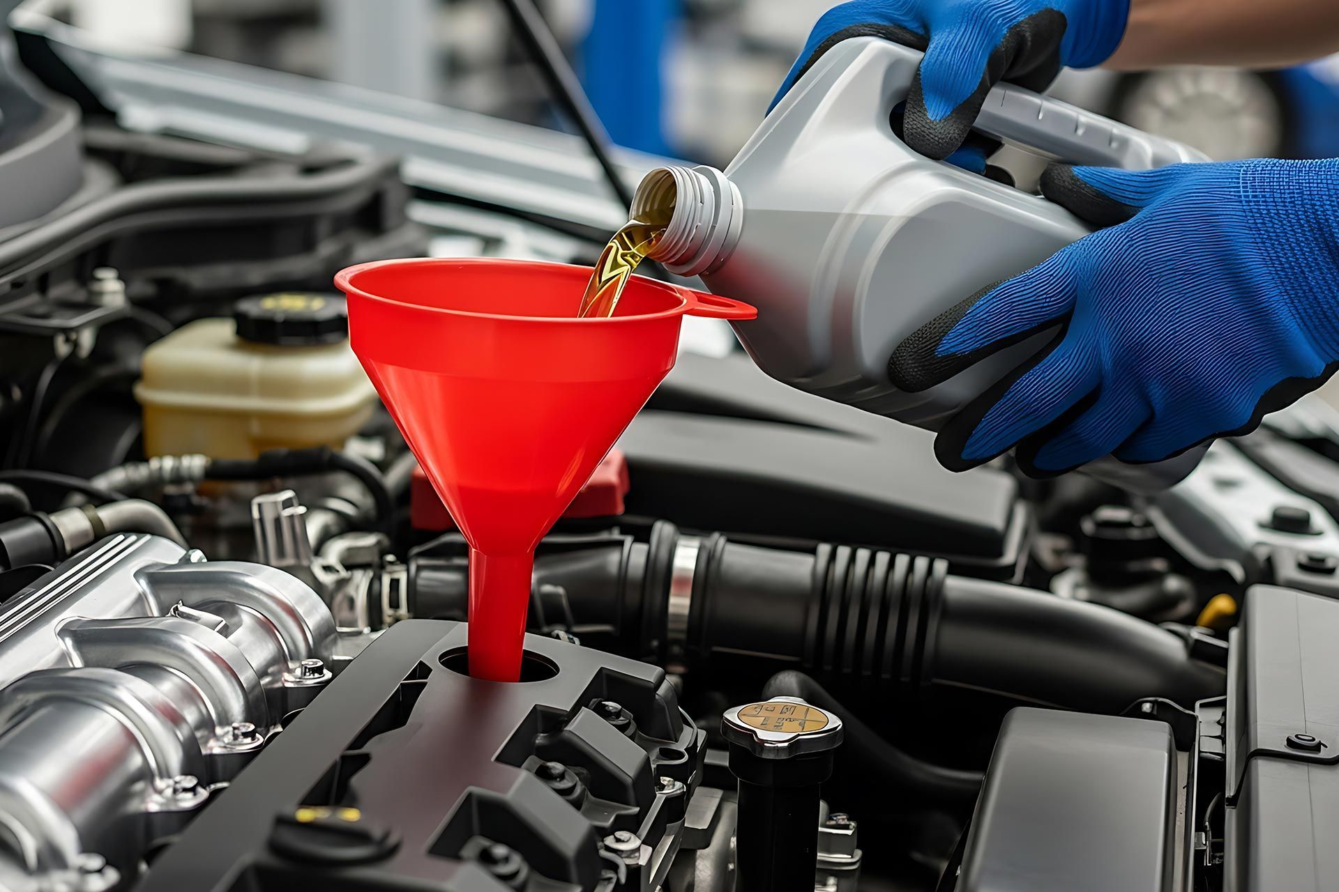 Technician pouring fresh oil into a vehicle engine during a professional oil change service