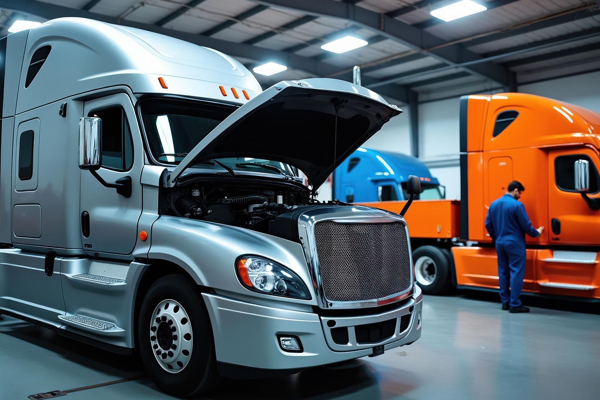 Commercial semi-trucks with open hoods being serviced by technicians in a fleet repair shop