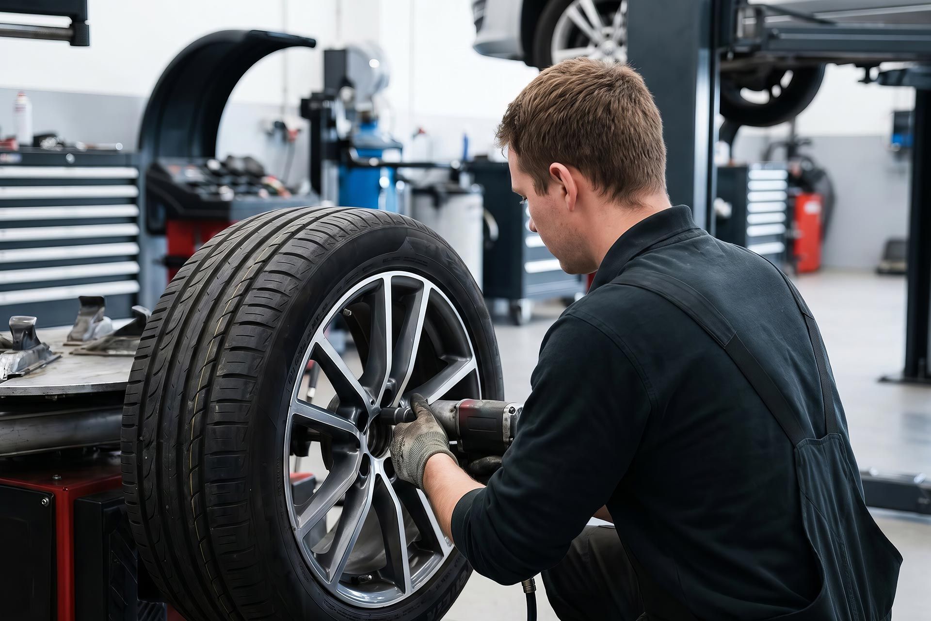 Mechanic mounting a tire on a wheel at a professional tire shop service bay Mechanic mounting a tire on a wheel at a professional tire shop service bay