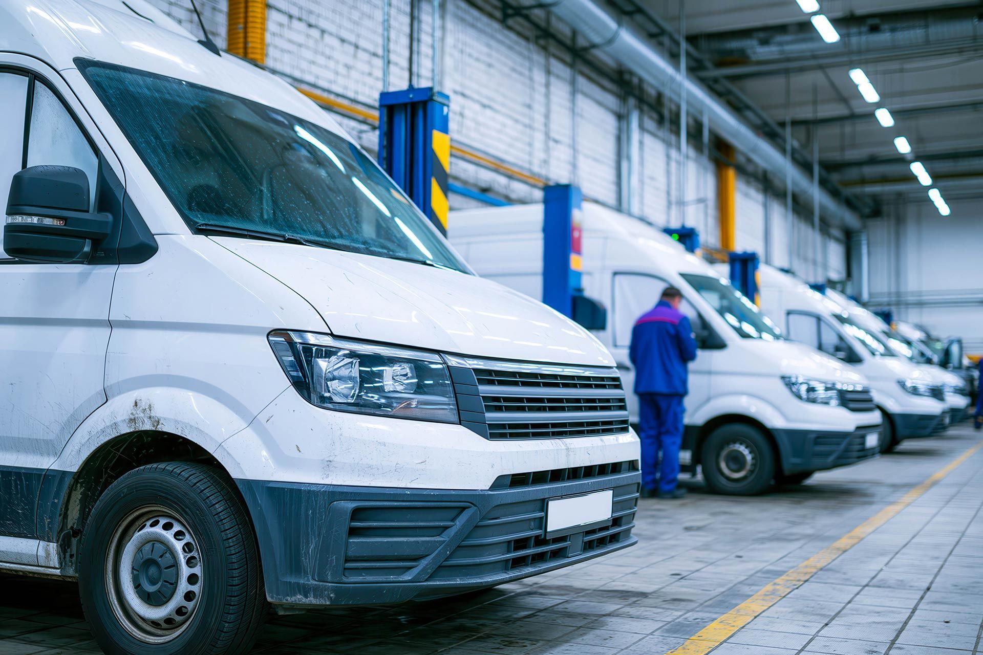 Row of commercial vans lined up for medium duty fleet repair service in a professional auto shop