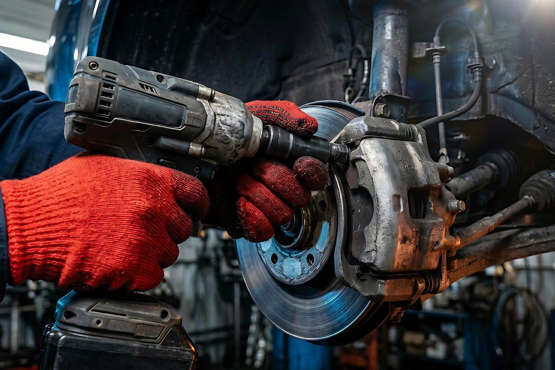 Mechanic using a power tool to service a brake caliper and rotor during a professional brake service Mechanic using a power tool to service a brake caliper and rotor during a professional brake service