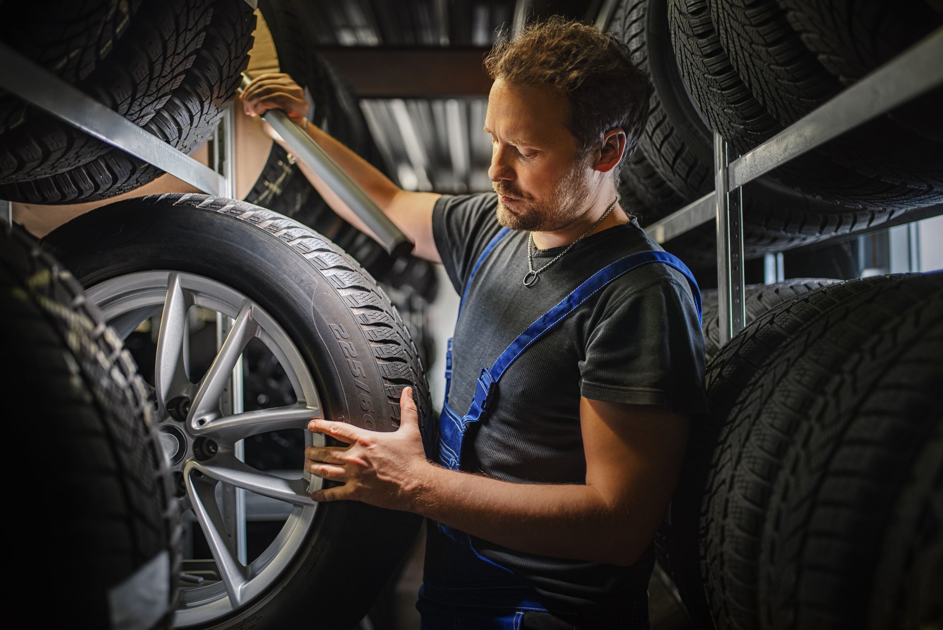 Mechanic inspecting a tire in a dimly lit garage, surrounded by stacked wheels.