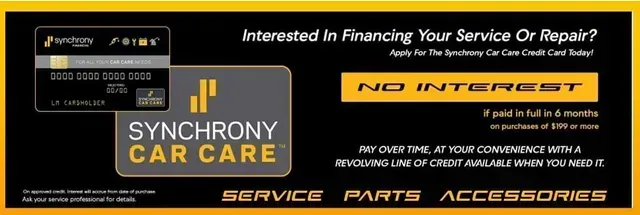 Black and yellow Synchrony Car Care financing banner with “No Interest” offer and service, parts, accessories text