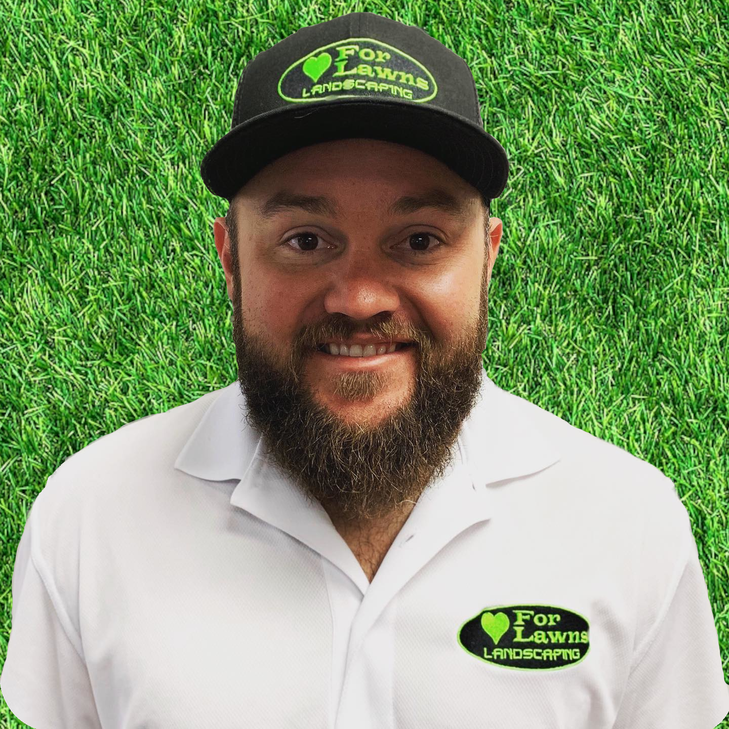 A man with a beard wearing a hat that says for lawns