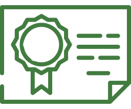 A green icon of a certificate with a ribbon.