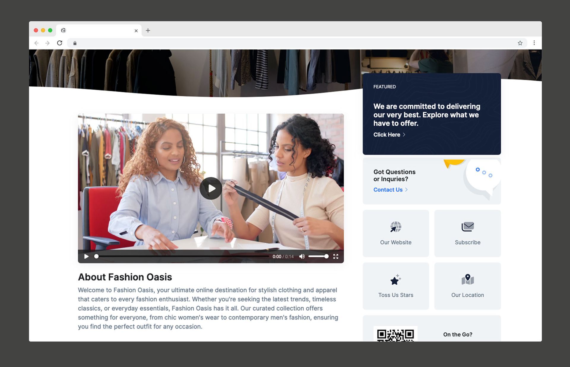 Two women in a workshop discuss fabric. On-screen video, white and blue panel with information.