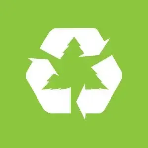 White recycling symbol with a pine tree in the center, on a green background.
