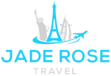 Logo for Jade Rose Travel featuring the Statue of Liberty, Eiffel Tower, Burj Al Arab, and an airplane in blue and gray.