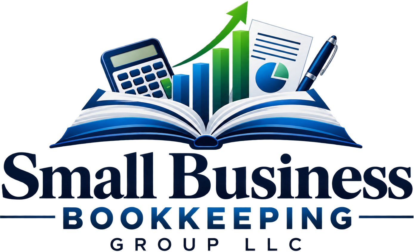 Small Business Bookkeeping Group logo with open book, calculator, rising chart, and pen