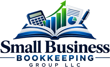 Small Business Bookkeeping Group logo with open book, calculator, rising chart, and pen