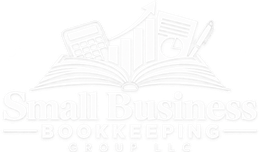 Faint logo of an open book with calculator and pen, reading “Small Business Bookkeeping”
