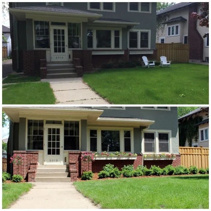 Before and after of a house's exterior with landscaping improvements, including flower boxes and garden beds.