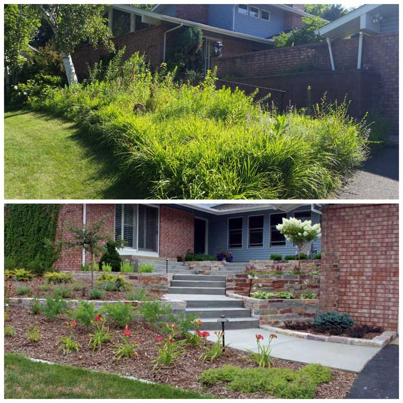 Before and after of a home's landscaping. Top: overgrown weeds. Bottom: landscaped with steps, flowers, and mulch.