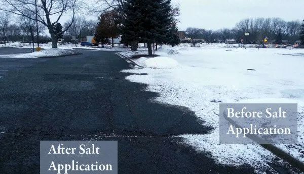Asphalt road side by snowy area, showing melting effect before and after salt application.