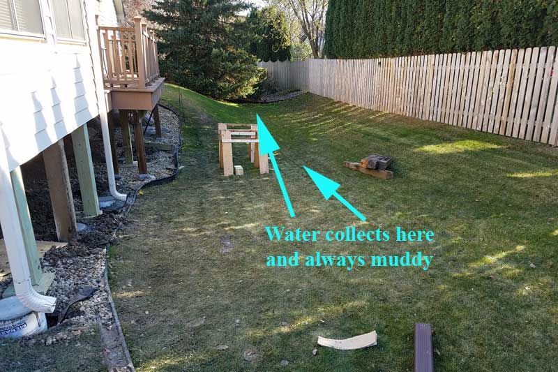 Backyard with muddy area; wooden deck and fence on either side; a small wood structure in the muddy area.