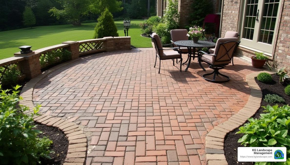 Brick patio with a table and chairs, near a brick house.