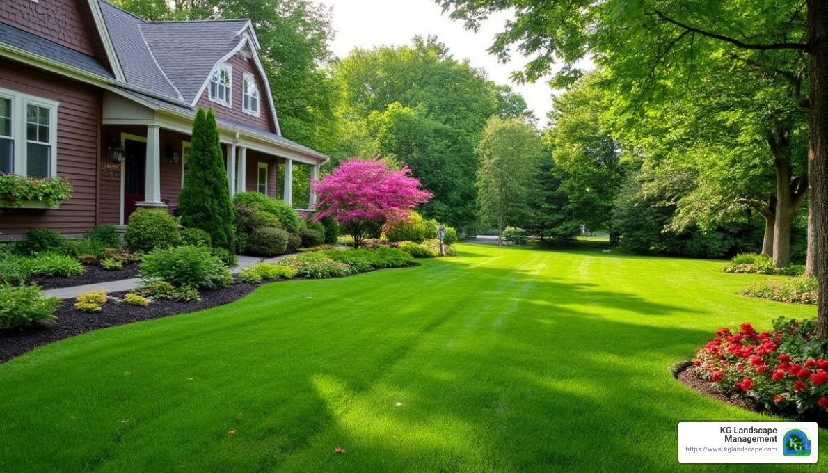 A well-kept house with lush green lawn, trees, and flower beds under a bright sunny sky.