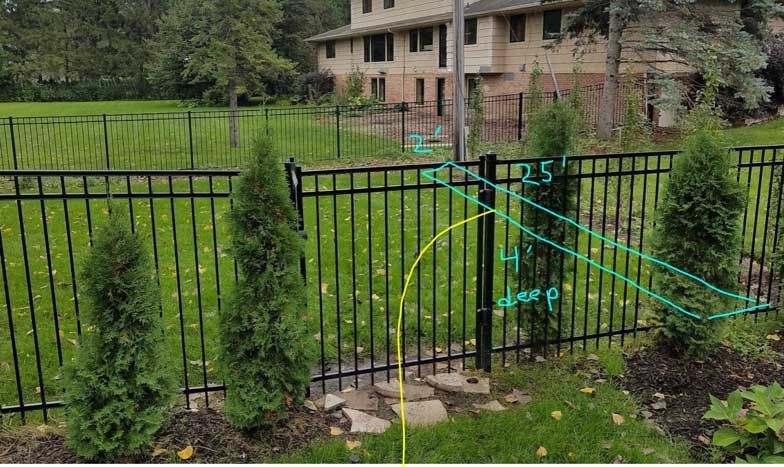 Three evergreen trees line a black fence in front of a house. Yellow cable arcs to a fence post. Blue triangle overlay.