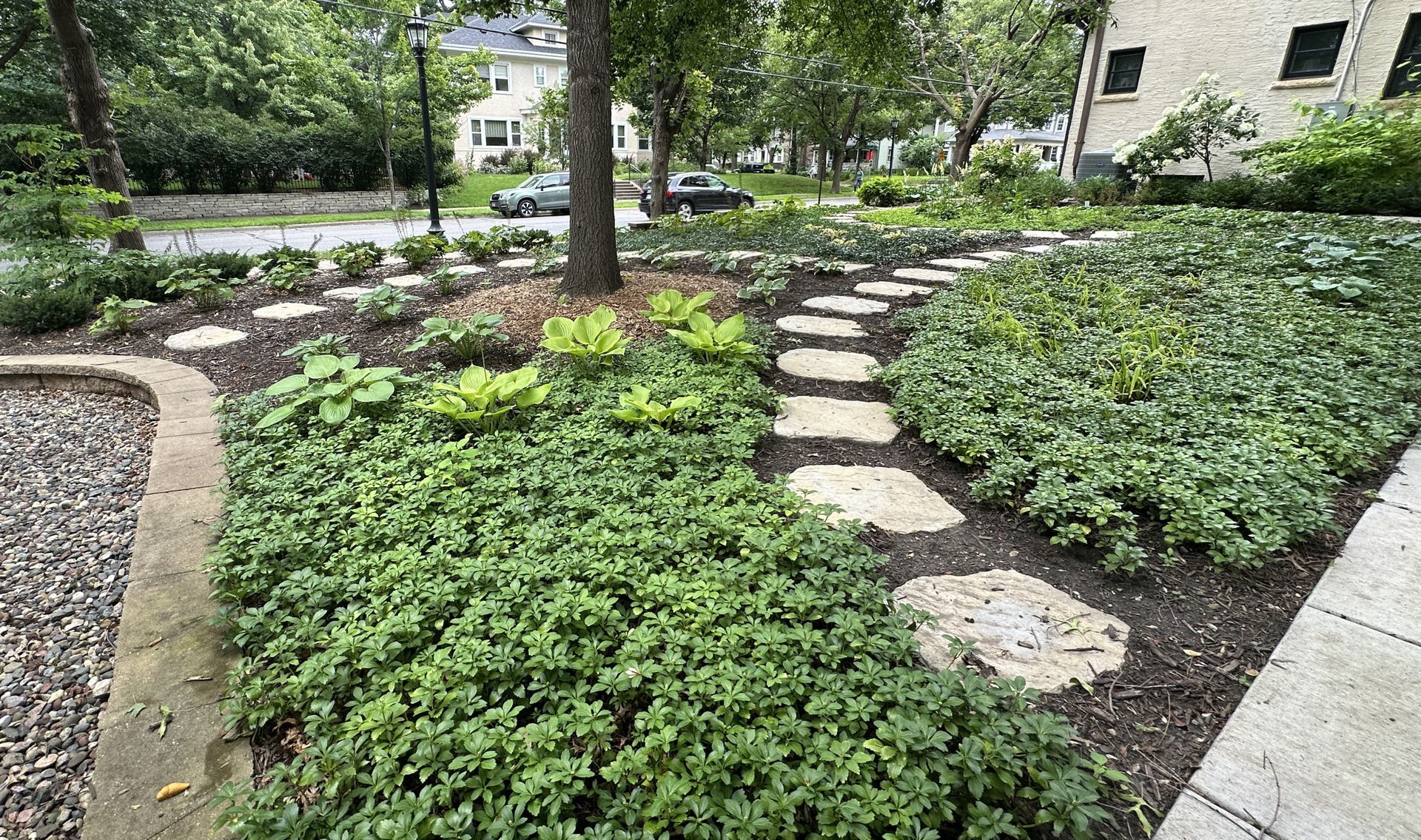 Low maintenance backyard groundcover landscaping with no grass yard in Minneapolis MN by KG Landscape