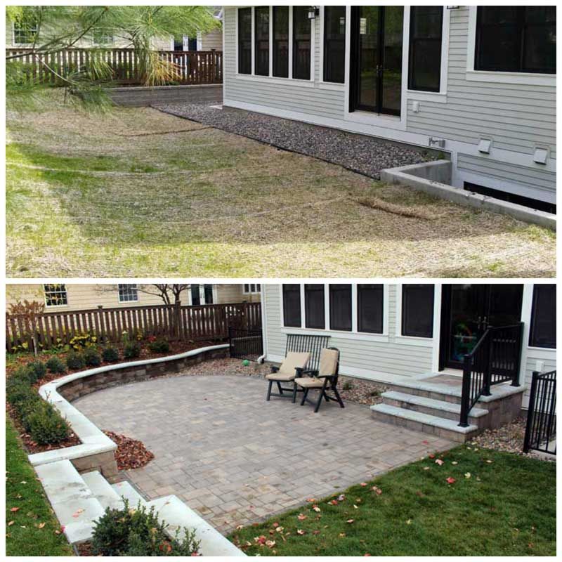 Before and after of backyard: Transformation from grass to a paver patio with retaining walls, steps, and seating.