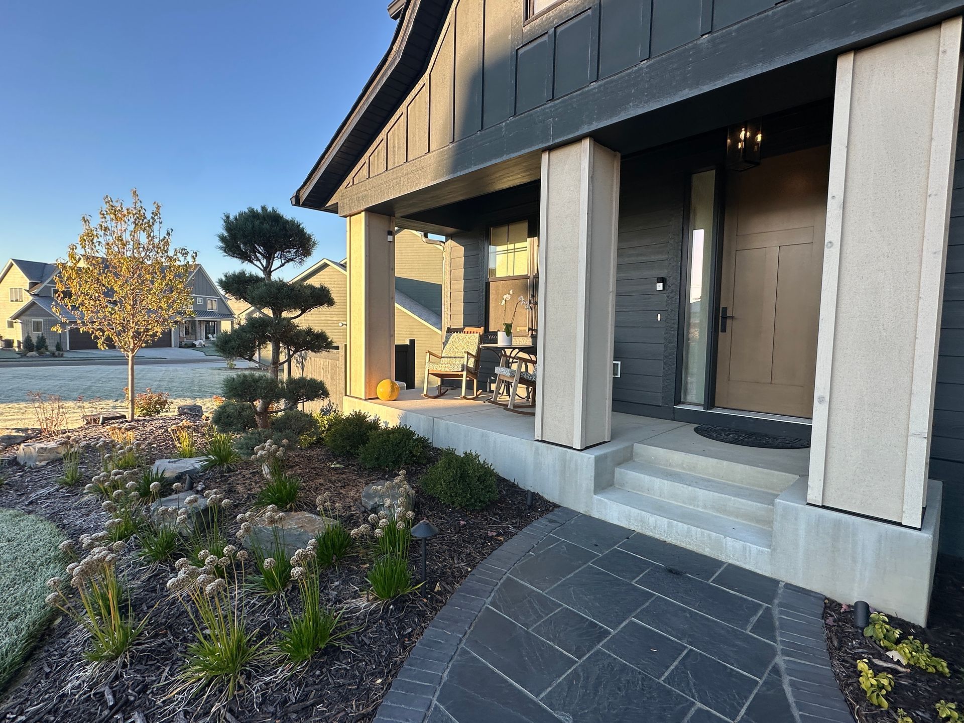 Black natural stone pavers front entry walkway