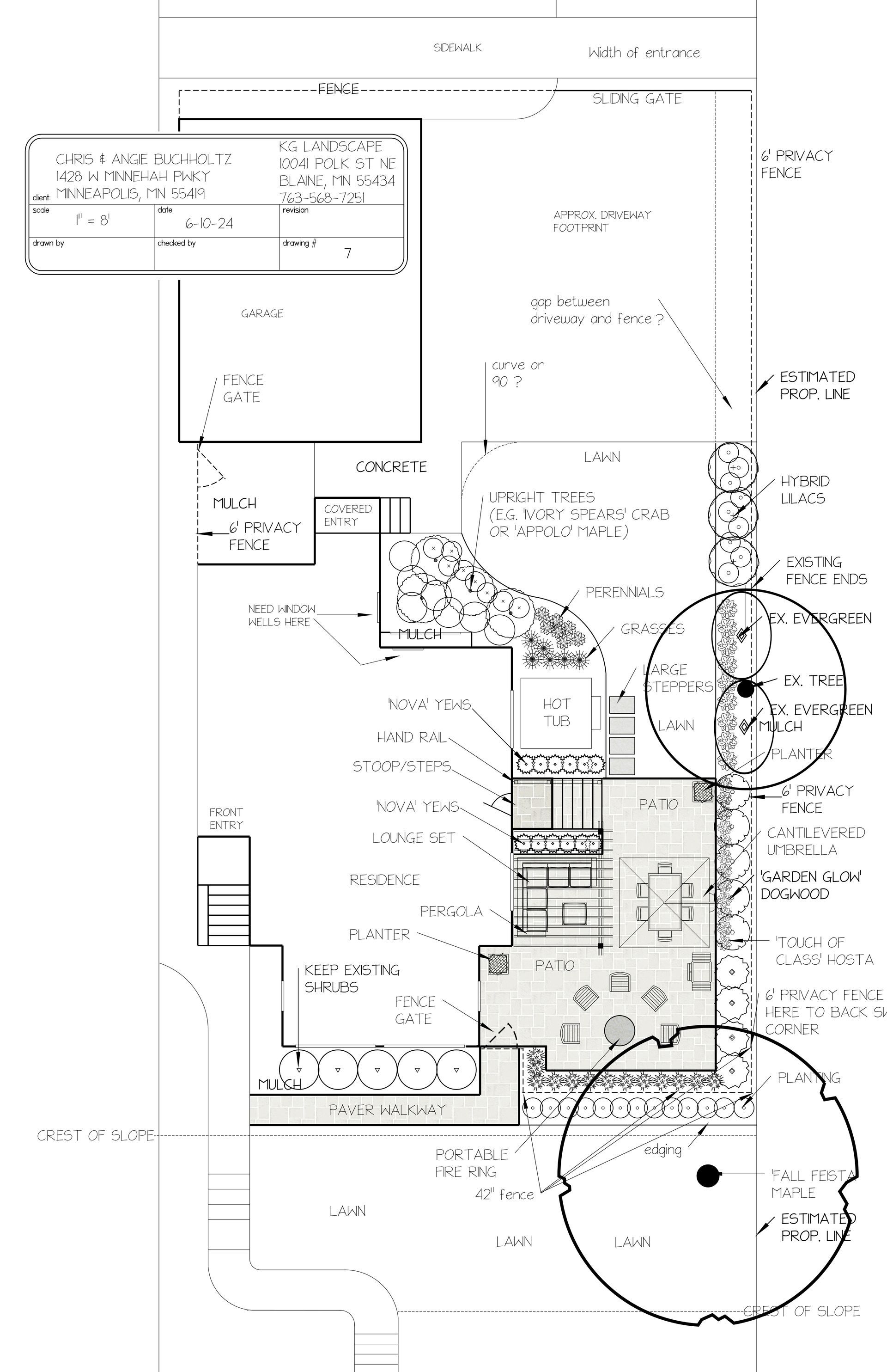 CONCEPT DESIGN 7 - exploring ideas for new patio, steps/stoop, bed lines, hot tub location, plantings, walkway, pergola, fencing, lawn shape etc.