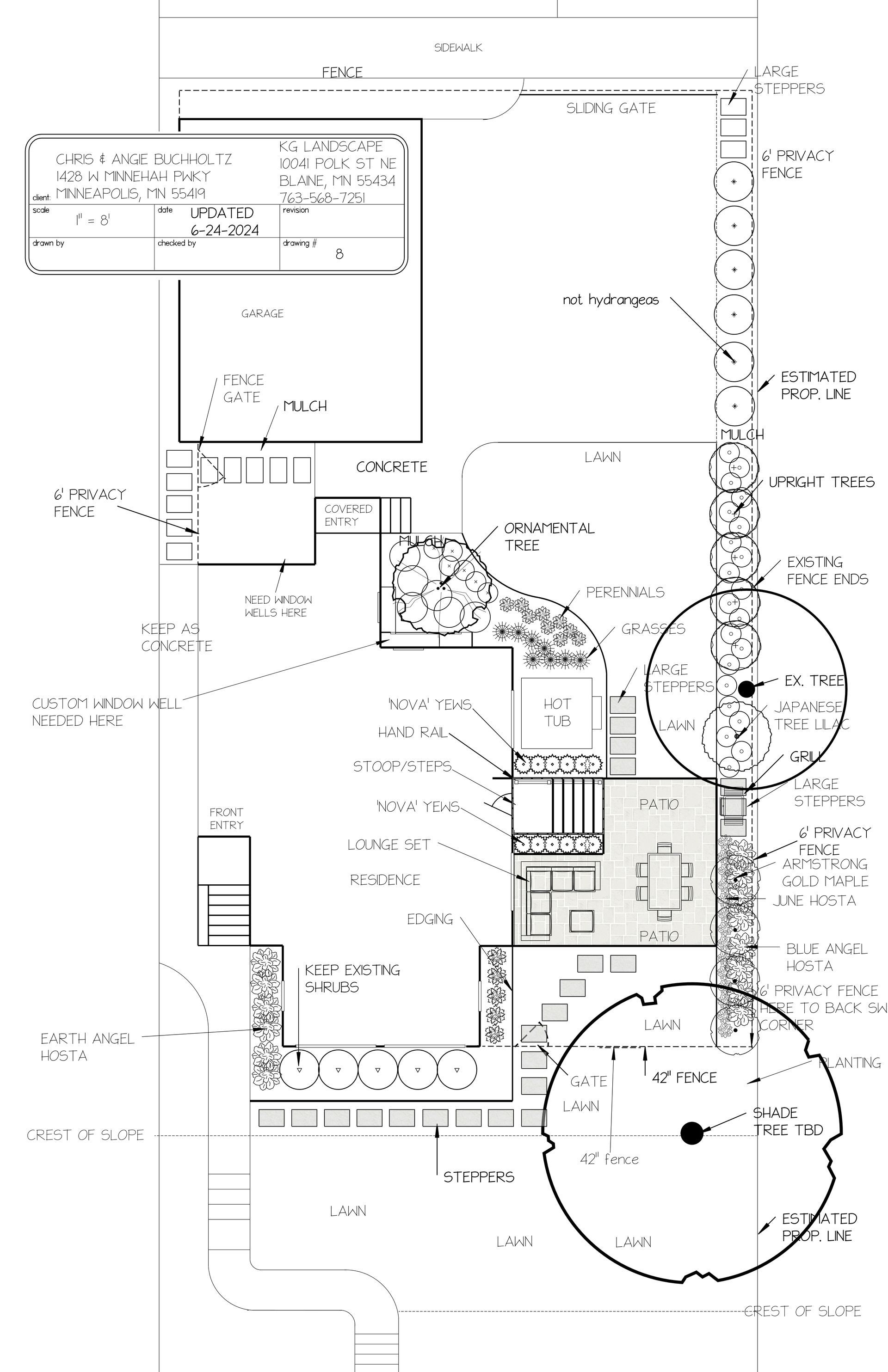 CONCEPT DESIGN 8 - exploring ideas for new patio, steps/stoop, bed lines, hot tub location, plantings, walkway, pergola, fencing, lawn shape etc.