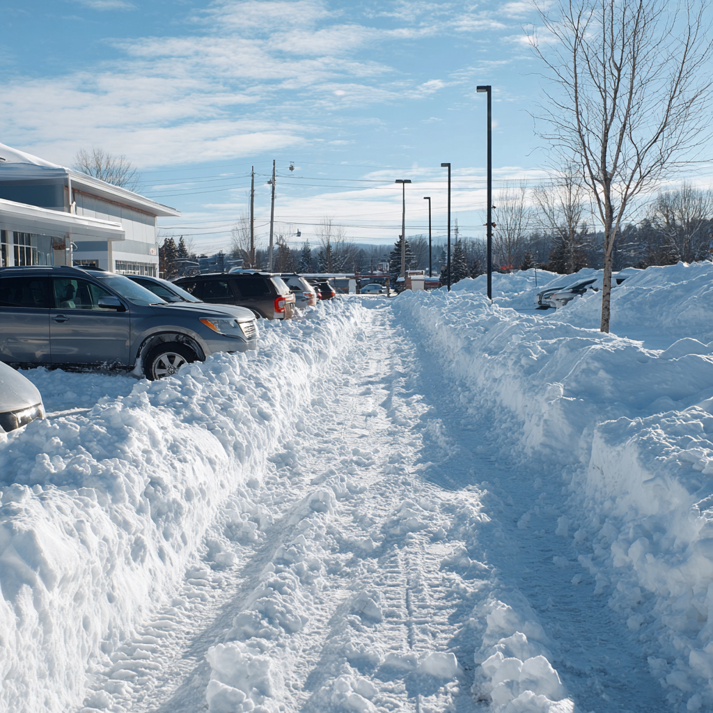 Snow-covered parking lot with a narrow path cleared for vehicles. Cars parked alongside buildings under a bright sky.
