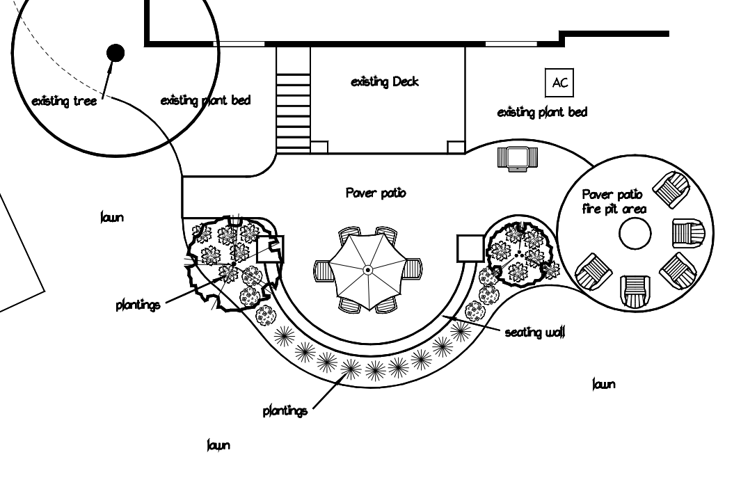 A landscape design plan showing a paver patio with a dining area, fire pit, seating walls, and surrounding planting beds.