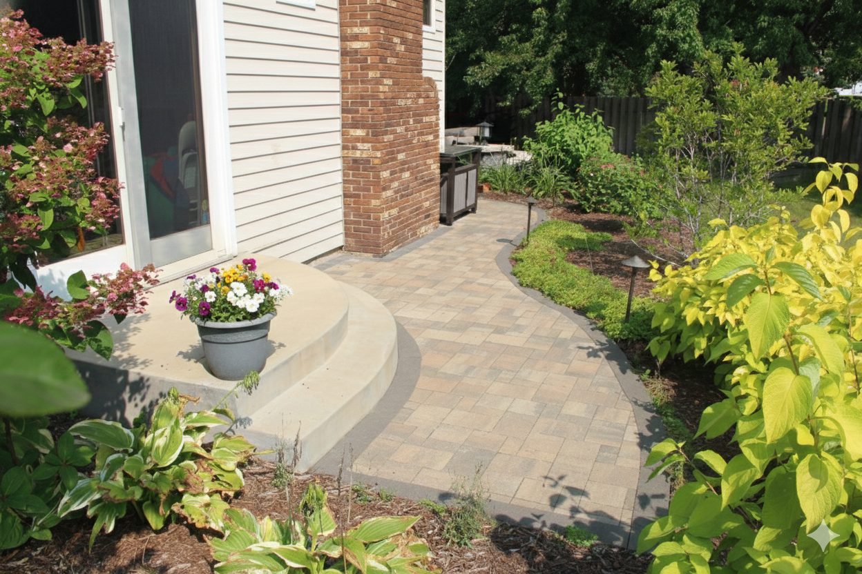 Quarter-circle patio door steps and landing onto a side yard walkway leading to a large paver patio with flowers