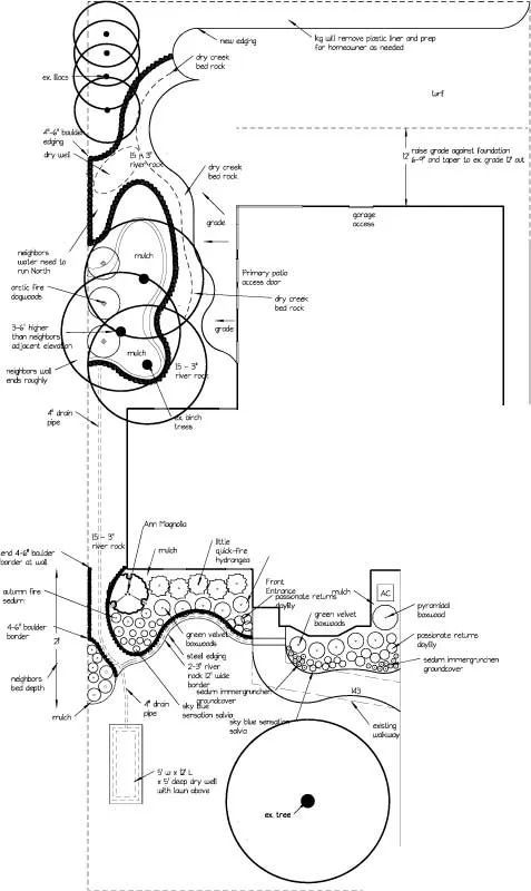 Garden plan with a winding path, planting beds, trees, and a rectangular patio.