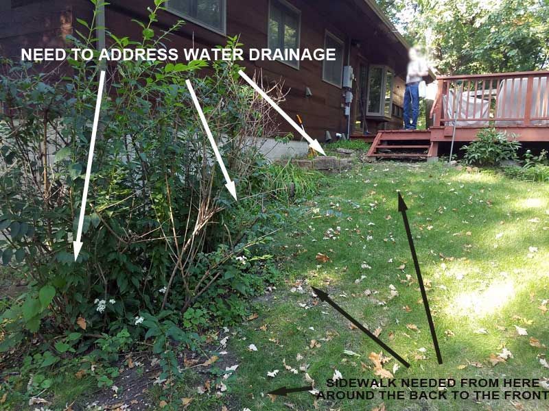 A house exterior with water drainage and sidewalk issues marked by arrows.