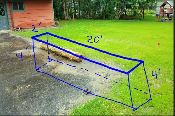 A blue outline of a rectangular prism with dimensions 2' x 20' x 4' on grass and asphalt. A wooden log is inside.