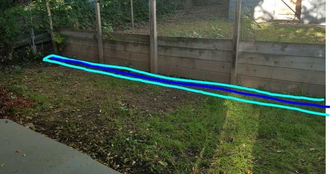 A grassy yard with a blue line tracing a path next to a wooden fence.