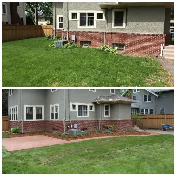 Before and after exterior house renovation: new patio, landscaping, and fresh paint.