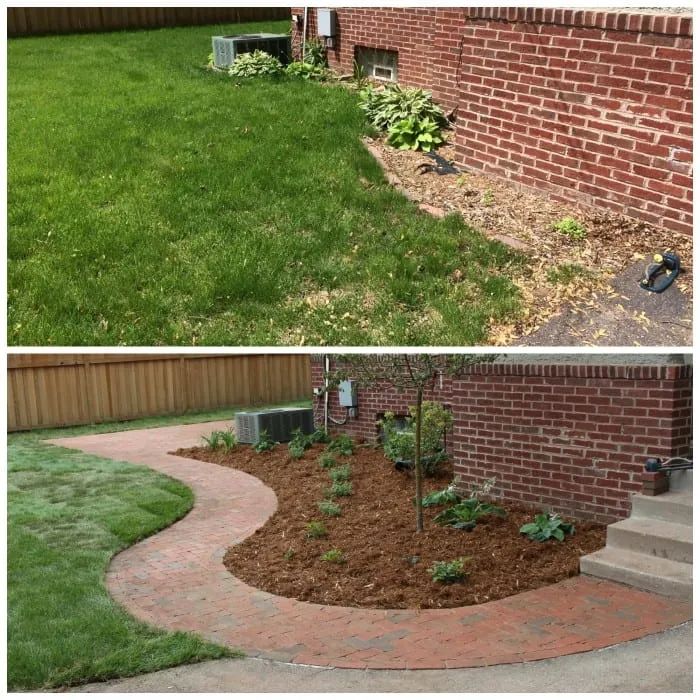 Before and after of a brick pathway and landscaped flower bed next to a brick building.