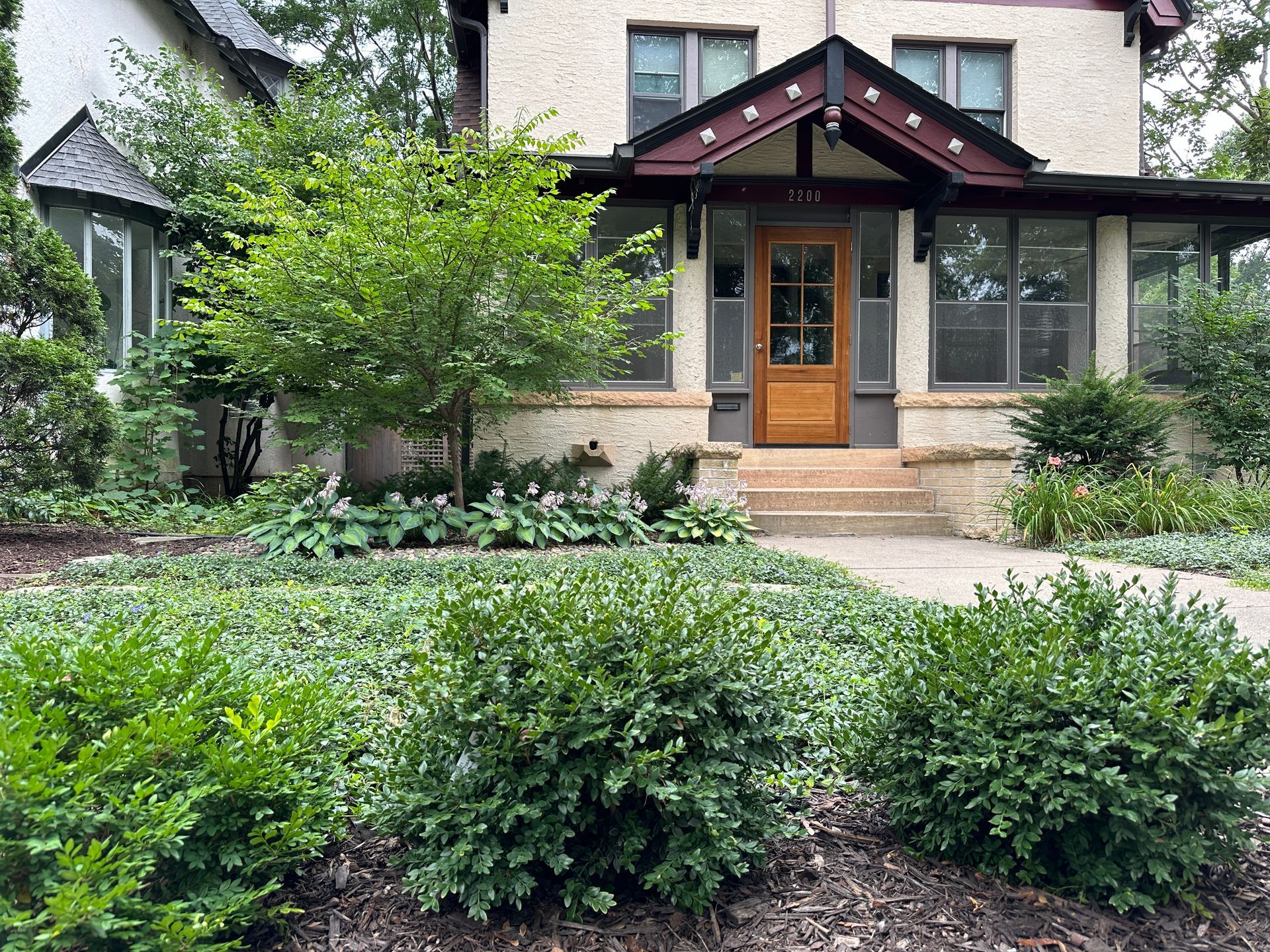 Front yard landscaping with flowering ground cover lawn in Minneapolis by KG Landscape