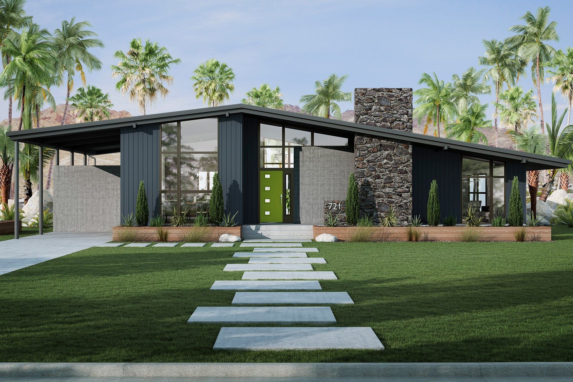 Modern home with a dark exterior, green door, and stone chimney. Palm trees in the background.